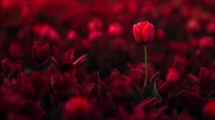 A solitary tulip standing tall amidst a sea of rich burgundy, its vibrant colors popping against the dark backdrop.