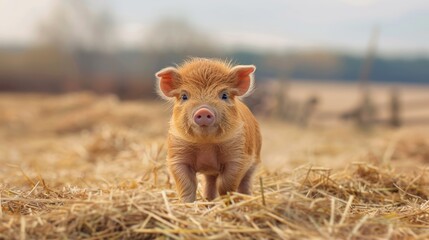 Adorable small piglet in rustic farmyard, cute young pig in rural agriculture setting