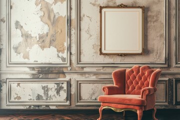 A room with a chair and a picture frame. The room has a vintage feel to it - obrazy, fototapety, plakaty