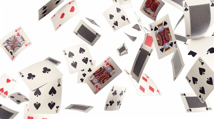 A striking composition of flying poker cards suspended against a seamless white background, each card a testament to the tension and drama of a high-stakes game, frozen in a moment of suspense 