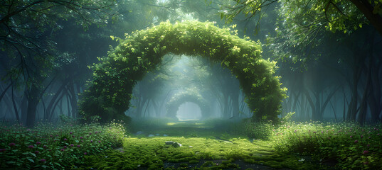 Spectacular archway covered with vine in the middle of fantasy fairy tale forest landscape, misty on spring time, digital art 3d illustration. - obrazy, fototapety, plakaty