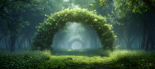 Plexiglas keuken achterwand Sprookjesbos Spectacular archway covered with vine in the middle of fantasy fairy tale forest landscape, misty on spring time, digital art 3d illustration.