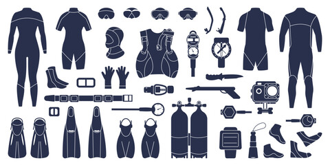 Flat diving black icons. Scuba divers suits, tools and equipment. Snorkeling accessories for underwater activity. Water masks, decent vector collection