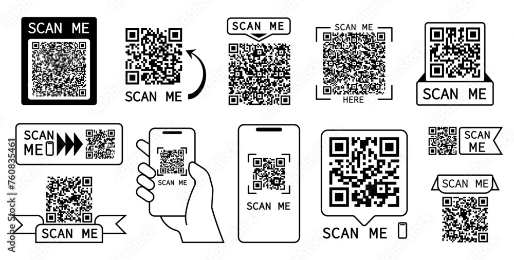 Poster qr code scan. barcodes, codes for online payments or info find and scanning phones. web app ui ux el