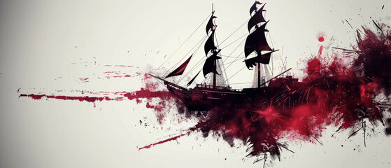 a red and black painting of a ship with smoke coming out of it's sails and a splotter of blood on the bottom of the ship. - obrazy, fototapety, plakaty