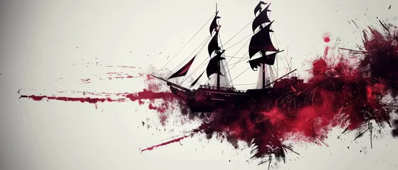 Fotobehang a red and black painting of a ship with smoke coming out of it's sails and a splotter of blood on the bottom of the ship. © Anna