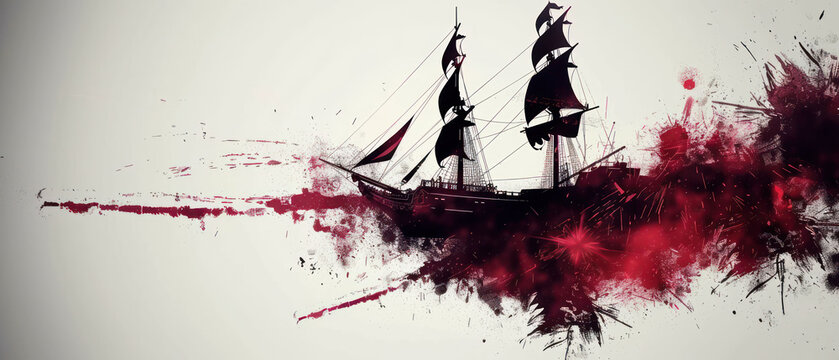 a red and black painting of a ship with smoke coming out of it's sails and a splotter of blood on the bottom of the ship.