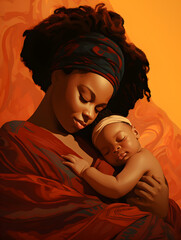 Illustration of an Afroamerican woman with a baby, happy mothers day theme background 