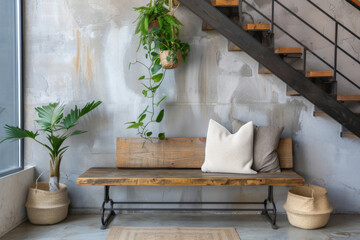 Modern Scandinavian Entryway: Wooden Bench, Grey Wall, Staircase - Rustic Farmhouse Interior Design with Minimalist Touch