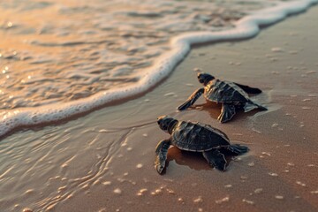 Small Baby turtles on beach sand. Wild ocean newborn sea turtles on coast. Generate ai