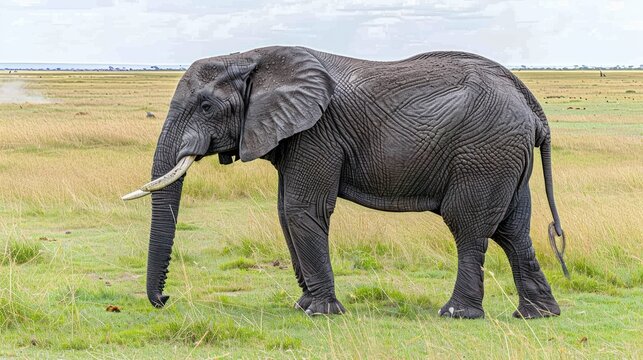 an elephant with tusks standing in a field of grass with a sky in the back ground and clouds in the background.