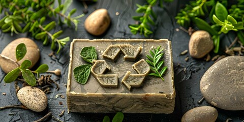 Sustainable Soap Bar with Recycling Symbol Supports Zero Waste and Eco-Friendly Initiatives. Concept Eco-friendly, Zero Waste, Sustainable Soap, Recycling Symbol, Initiatives