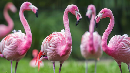 a group of pink flamingos standing next to each other on a lush green field with trees in the background.