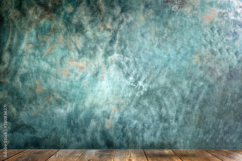 Poster Wooden table in front of abstract textured turquoise wall with copy space. Rustic and vintage background concept for design and decoration.