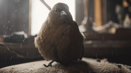 a brown bird sitting on top of a wooden chair next to a window with drops of rain coming down on it. - obrazy, fototapety, plakaty