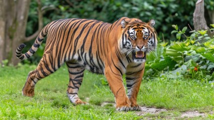 a close up of a tiger walking on a field of grass with trees in the background and bushes in the foreground.