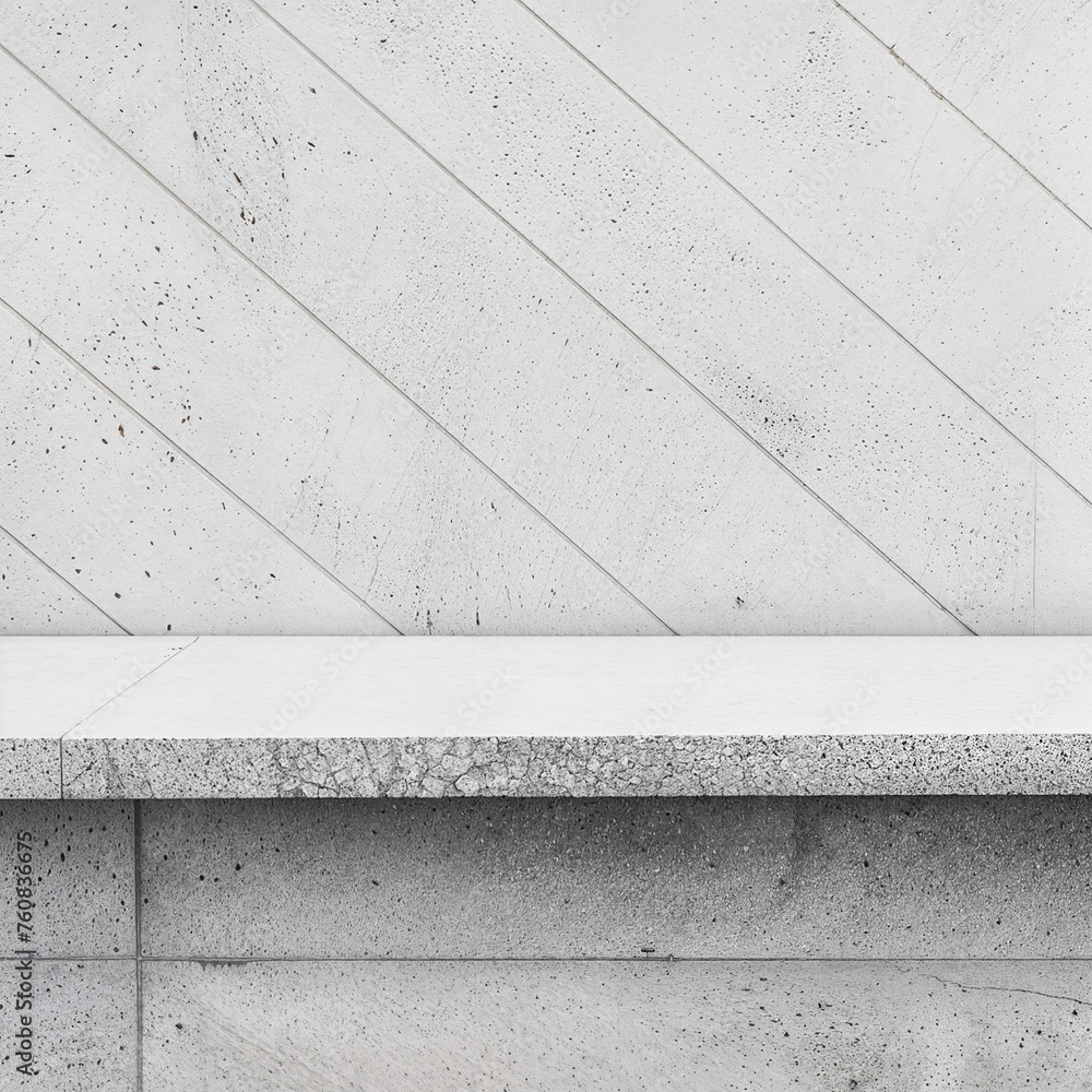 Poster product showcase with grey stone platform. diagonal white concrete texture with speckles.