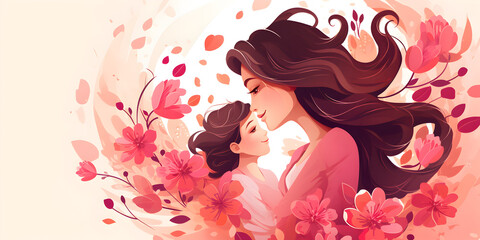 Illustration of a mother with daughter, abstract happy mothers day theme background - obrazy, fototapety, plakaty