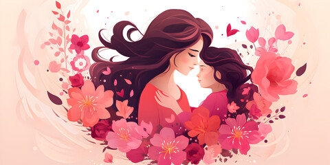 Illustration of a mother with daughter, abstract happy mothers day theme background