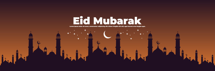 Eid mubarak night vector illustration with mosque silhouette ramadan good for web banner, ads banner, booklet, wallpaper, background template, and advertising	