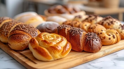 Bakery. Photos of various bakery products. Healthy eating concept. Delicious confectionery dessert pastries filled with fruits and berries on a marble background.