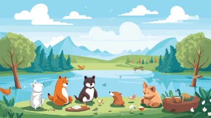 Gartenposter A comical scene of animals having a picnic by the l © Mishi