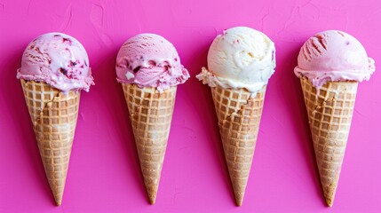 four ice cream cones are lined up in a row on a pink background with a pink wall in the background.
