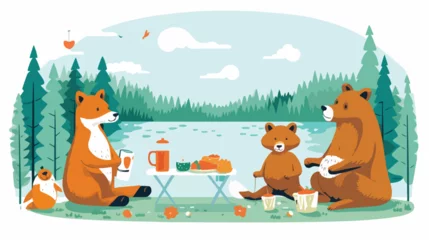  A comical scene of animals having a picnic by the l © Mishi