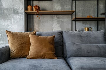 A gray couch with brown pillows on it. The pillows are arranged in a way that they look like they are resting on the couch