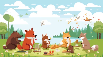 Meubelstickers A comical scene of animals having a picnic in a sun © Mishi