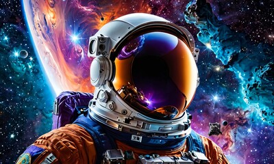 An astronaut floats amidst a kaleidoscope of cosmic wonders, reflecting the vastness of space in the visor. The image captures the essence of exploration and the unknown.