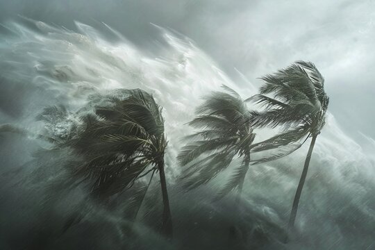 Palm Trees in the Midst of a Fierce Storm, Tropical Storm or Hurricane Typhoon. Generative AI.
