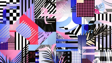 a multicolored abstract pattern with palm leaves and geometric shapes in pink, blue, black, and white.