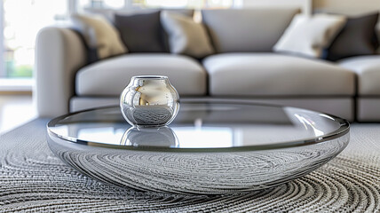 Swirling glass table, plush grey sofa, luxurious comfort
