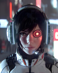 Modern Brunette Cyborg Girl in White Space Suit with Artificial Eye