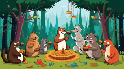 Wandaufkleber A comical scene of animals having a pizza party in © Mishi