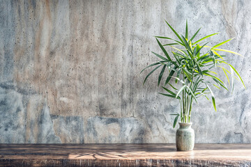 Bamboo plant in ceramic vase on wooden table top and concrete wall background