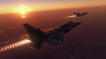 Two Fighter Jets Flying in the Sky at Sunset