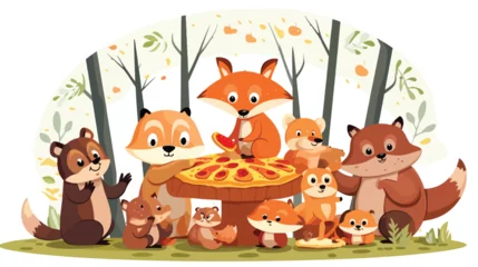 Muurstickers A comical scene of animals having a pizza party in © Mishi