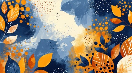 a painting of orange and blue leaves and dots on a blue background with a white spot in the middle of the image.