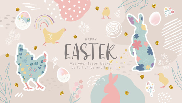 Happy Easter banner. Trendy Easter design with decorated eggs, hand painted strokes, dots,flowers,doodles and bunny in pastel colors. Modern style. Horizontal poster, greeting card, header for website