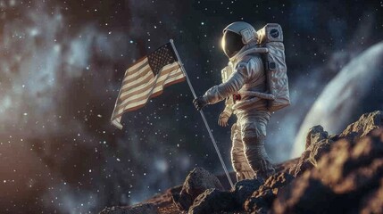 An astronaut in a space suit holding a flag on a simulated lunar or Martian surface, representing the future possibilities of human space flight for International Day of Human Space Flight - obrazy, fototapety, plakaty