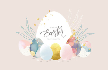 Happy Easter banner. Trendy Easter design with beautiful decorated eggs in pastel colors. Modern style. Horizontal poster, greeting card, header for website. Vector illustration