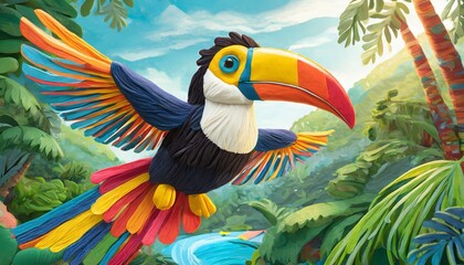 Un alegre y divertido tucán hecho con tiras de plastilina de colores con tema infantil