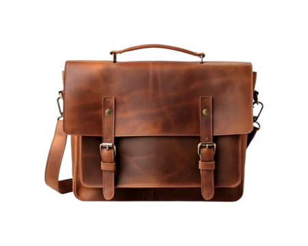 Brown leather Messager Bag isolated on transparent background, PNG Object
