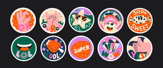 Cartoon set of patches, stickers, stamps in retro doodle style of the 90s. Various phrases, vector shapes, funky groovy stickers. Trendy bright promo labels