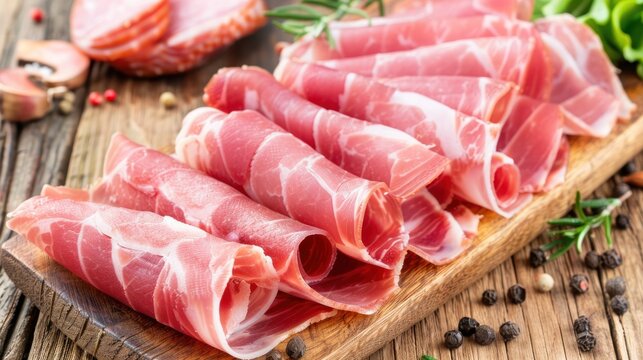 a wooden cutting board topped with slices of prosciutto next to peppercorst and peppercorst.