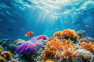 Fototapeta na wymiar A colorful coral reef with a clownfish swimming in the foreground. The fish is orange and white, and it is surrounded by a variety of other fish and coral