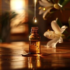 a close up of a bottle of essential oil with a dropper on a table with flowers in the background.