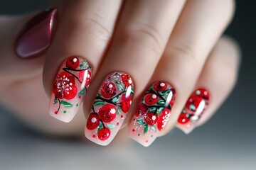 A hand with beautiful manicure, elegant red flowers painted on nails